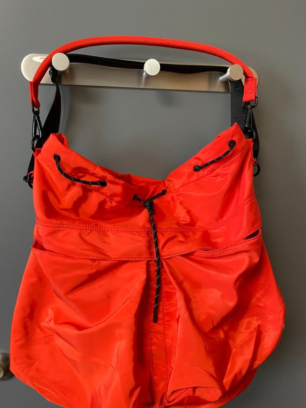 Free People Oversized Red Orange Nylon Hobo Shoulder Bag Drawstring Tote